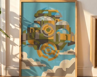 Laputa-Poster inspiriert von „Das Schloss im Himmel“, geometrisches Wandbild mit schwebender Insel, Anime-Dekor im Mid-Century-Modern-Stil, Ghibli-Druck