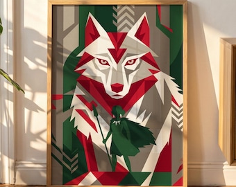 Wolfsposter inspiriert von Prinzessin Mononoke, geometrische Wandkunst im Mid-Century-Modern-Stil, abstrakte Anime-Dekoration, Retro-Ghibli-Druck