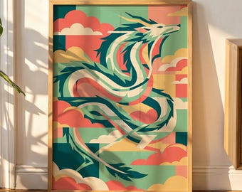 Poster mit fliegendem Drachen im Stil von Chihiros Reise ins Zauberland, abstrakte Wandkunst im Mid-Century-Modern-Stil, Anime-Dekor in Pastellfarben, Retro-Ghibli-Druck