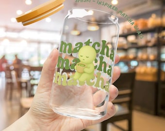 Matcha glazen beker 16oz - op Smiski geïnspireerd | Bamboe deksel en rietje – Japans minimalistisch esthetisch drinkgerei, cadeau voor matcha-liefhebbers