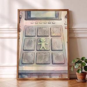May include: A framed watercolor illustration of a music production sampler featuring a grid of nine square pads. A small, pale green, humanoid figure with a simple face is positioned on the center pad of the device, which has a light gray finish.