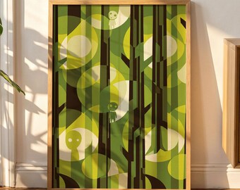 Kodama-Poster inspiriert von Prinzessin Mononoke, abstraktes geometrisches Wald-Wandbild, Anime-Dekor im Mid-Century-Modern-Stil, Ghibli-Druck