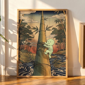 May include: A framed art print featuring a light green cartoon character climbing a large bamboo stalk. The background depicts a stylized landscape with a flowing river, bamboo forest, and clouds under a sunset sky in a traditional woodblock style.