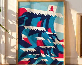 Ponyo-inspiriertes Ozeanwellen-Poster, abstrakte geometrische minimalistische Wandkunst, Retro-Reise-Anime-Dekor, Küsten-Ghibli-Druck