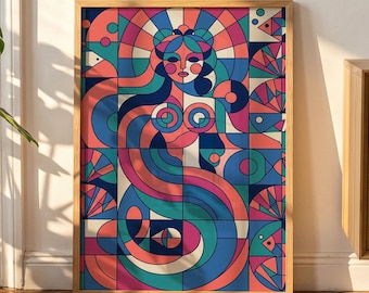 Ponyo-inspiriertes Poster mit Meeresgöttin, geometrisches Küstenmotiv, Retro-Mid-Century-Modern-Anime-Dekor, Ghibli-Druck