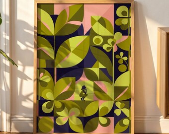 Botanisches Poster im Stil von Arrietty, geometrische Pflanzenkunst im Mid-Century-Modern-Stil, Anime-Zimmerdeko im Cottagecore-Stil, floraler Ghibli-Print