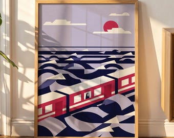 Chihiros Reise ins Zauberland inspiriertes Seezug-Poster, abstrakte geometrische minimalistische Wandkunst, Retro-Reise-Anime-Dekor, Ghibli-Druck