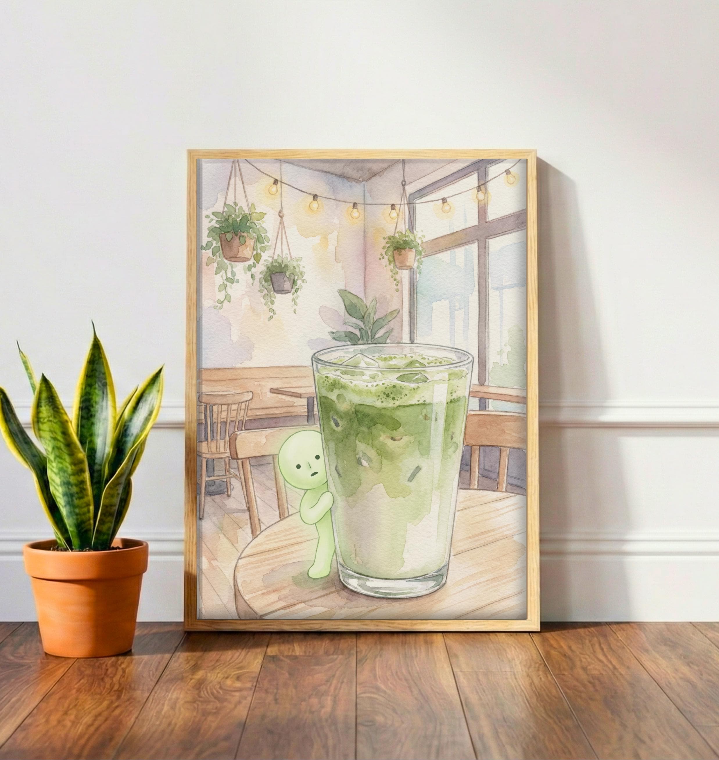 Smiski Matcha Art Print | Cute Iced Latte Poster | Kawaii Cafe