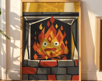 Kaminposter im Calcifer-Stil, Retro-Wandkunst im Mid-Century-Design mit geometrischen Elementen, Anime-Dekor in Orange, Ghibli-Druck