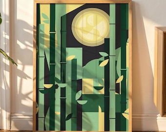 Bambusposter inspiriert von Prinzessin Kaguya, minimalistische geometrische Wald-Wandkunst, Anime-Dekor im Mid-Century-Modern-Stil, Ghibli-Druck