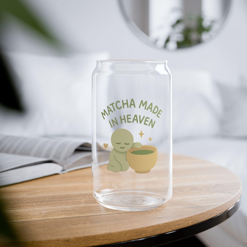 Matcha Glass Cup 16oz Smiski Inspired | Bamboo Lid & Straw – Matcha Made in Heaven Cute Kawaii Drinkware Gift for Tea Lovers image 4