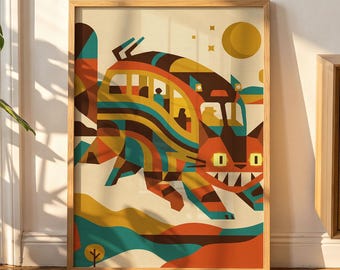 Totoro-inspiriertes Katzenbus-Poster, geometrische Wandkunst im Mid-Century-Modern-Stil, Retro-Orange-Anime-Zimmerdeko, verspielter Ghibli-Druck