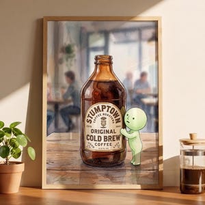 Smiski-inspirerad Stumptown Cold Brew-affisch, nyckfull vintage bärnstensfärgad flaskkonst, mysig skrivbordsdekoration, kawaii rumstryck