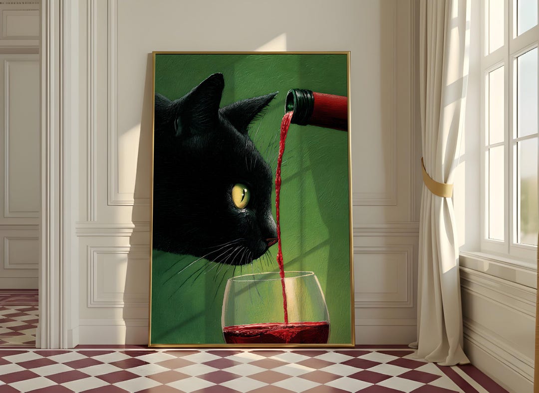 Black Cat Red Wine Art Print, Funny Cat Wall Decor, Moody Decor, Gift ...