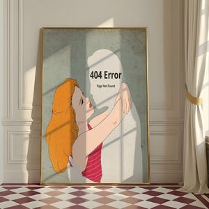以下が含まれることがあります： 赤毛の女性が影の人物を抱きしめるレトロなイラストが描かれた、額入りのアートプリントです。「404 Error Page Not Found」というテキストが、明るい緑色の背景に表示されています。