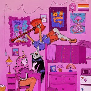 May include: Illustration of a pink bedroom with cartoon characters. One character is upside down on a bed, holding a red guitar-axe. Another character sits at a desk. Posters and a rainbow decorate the walls.