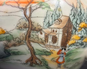 Antyczny japoński ręcznie malowany zestaw do herbaty z porcelany, czajniczek, śmietanka do cukru, krajobraz