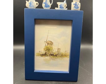 Delft Blue Windmill Picture Frame with Miniature Teapot Creamer Sugar 5x7.5