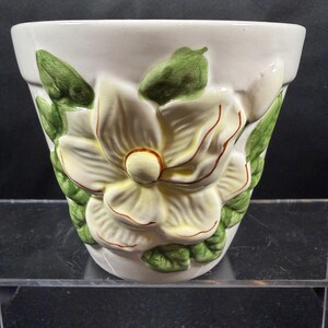 Puede incluir: Una maceta de cerámica blanca con una gran flor de magnolia en relieve en el centro. La flor tiene pétalos de color blanco crema con sutiles contornos marrones y está rodeada de hojas verdes texturizadas.