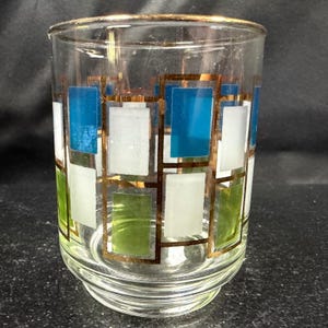 Libbey Rocks Glass Glass Geometric Blue Green Gold Mid Century Modern 1960s