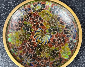 Plato antiguo chino de latón esmaltado cloisonné con diseño floral millefiori turquesa de 10 cm (4 pulgadas)