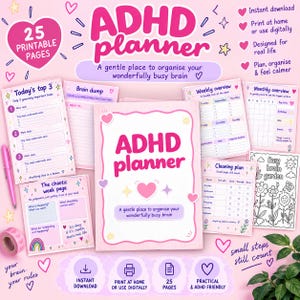 Può includere: Un set di pianificatore ADHD digitale con 25 pagine stampabili in una combinazione di colori rosa e bianco. Le pagine includono sezioni per una panoramica settimanale, mensile, un piano di pulizia, brain dump e una pagina da colorare.