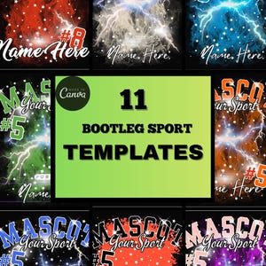 May include: Eleven bootleg sport templates with different designs. Each design includes the text "MASCOT Your Sport" and a number, with space for a name. Colours include red, blue, green, orange, and purple with lightning and star effects.