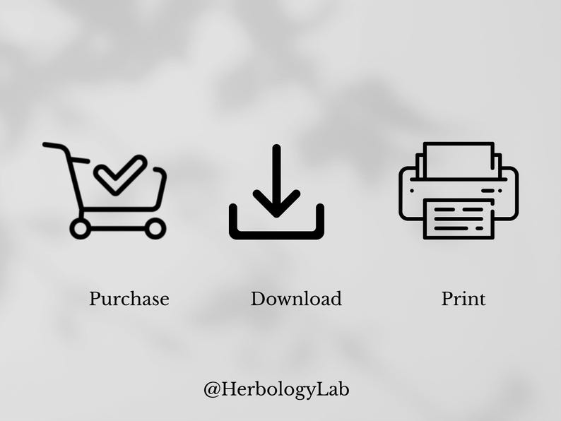 May include: A graphic with three black icons: a shopping cart with a checkmark, a downward arrow, and a printer. The words "Purchase", "Download", and "Print" are below the icons. The text "@HerbologyLab" is at the bottom.