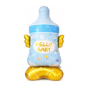 May include: A baby bottle-shaped balloon in light blue with gold accents. The balloon features the text "HELLO BABY" and is decorated with clouds, rainbows, and stars. The base of the balloon is gold.