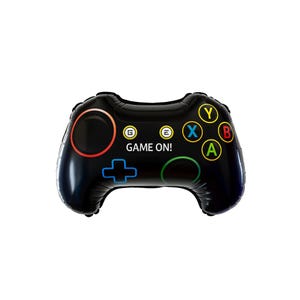 May include: Black controller-shaped balloon with colorful buttons and the text "GAME ON!". The buttons are in yellow, green, blue, and red. The balloon is designed to resemble a video game controller.