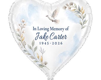 Custom Memorial Balloon, 18in White Foil Heart, In Loving Memory, Name Dates Photo