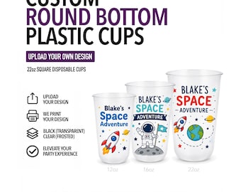 Custom Round Bottom Party Cups, Frosted or Clear Plastic, Full Color Print