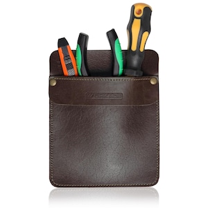 May include: A brown leather tool pouch with a variety of tools. The pouch contains a utility knife, two pliers, and a screwdriver. The tools have black, green, orange, and yellow accents. The pouch has a textured surface and is secured with two brass rivets.