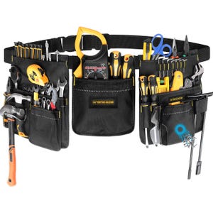 May include: Black tool belt with multiple pockets and a variety of tools. The belt includes a hammer, screwdrivers, wrenches, pliers, and a measuring tape. The belt has a yellow and black color scheme and is designed for construction or repair work.