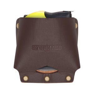 May include: A brown leather tool holder with brass rivets and the embossed word "WORKADE". The holder contains a yellow and black tool. The holder is designed to be worn on a belt.