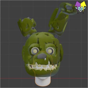 May include: A green, stylized character head with large ears and a wide, toothy grin. The character has large, round eyes and a partially visible jawline. A small, colorful logo is in the upper right corner.
