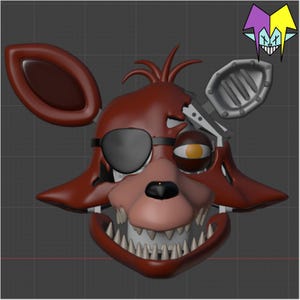 May include: A 3D rendering of a cartoon fox head with a pirate theme. The fox is primarily reddish-brown with a black eye patch, a metal plate over one eye, and a wide grin revealing sharp teeth. A small cartoon jester is in the upper right corner.