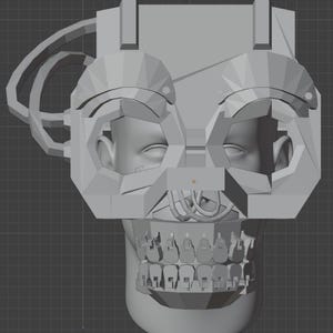 May include: A gray, 3D-rendered skull with a geometric design. The skull has a detailed jaw and teeth. Above the skull are geometric eye sockets and a headpiece with curved elements. The overall design is futuristic and abstract.