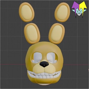 May include: A 3D-rendered, golden-yellow rabbit head with large, segmented ears. The rabbit has a black nose, white teeth, and empty eye sockets. A colorful jester-like logo is in the upper right corner.
