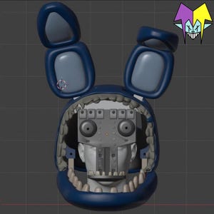 Könnte beinhalten: Ein 3D-Modell eines blauen Kaninchenkopfes mit großen Ohren und offenem Mund, das ein mechanisches Innenleben zeigt. Das Modell hat einen cartoonartigen Stil, mit einem Narrenlogo in der oberen rechten Ecke. Das Design erinnert an eine Figur.