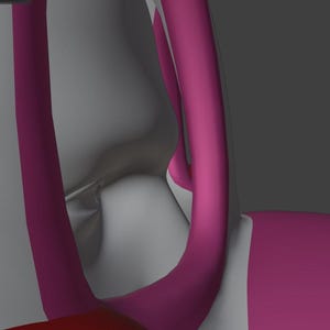 May include: Abstract digital art featuring curved, magenta-colored forms against a gray and white background. The composition includes smooth, rounded shapes that intersect and overlap, creating a sense of depth and movement. The color palette is simple, with a focus on the contrast between the magenta and neutral tones.