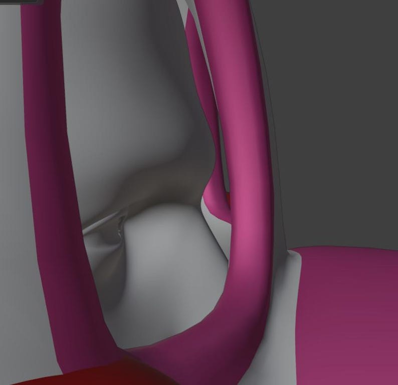 May include: Abstract digital art featuring curved, magenta-colored forms against a gray and white background. The composition includes smooth, rounded shapes that intersect and overlap, creating a sense of depth and movement. The color palette is simple, with a focus on the contrast between the magenta and neutral tones.