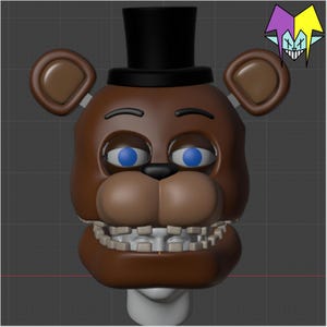 Könnte beinhalten: Ein 3D-gerenderter brauner Bärenkopf mit blauen Augen, einem schwarzen Zylinder und einem breiten, zahnigen Grinsen. Der Bär hat große, abgerundete Ohren und eine kleine schwarze Nase. Ein Cartoon-Narrenlogo befindet sich in der oberen rechten Ecke.