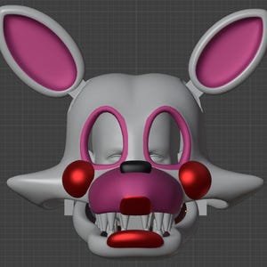 May include: A 3D-rendered model of a character's head, featuring a white face with pink accents. The character has large, upright ears with pink interiors, pink eye outlines, and a pink snout. Red spheres are on the cheeks, and sharp teeth are visible.