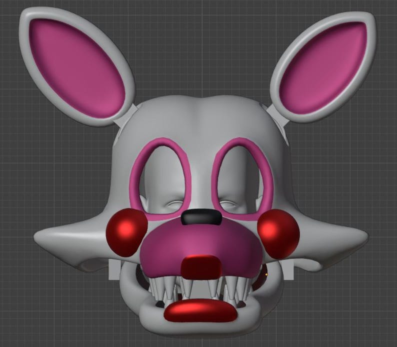 May include: A 3D-rendered model of a character's head, featuring a white face with pink accents. The character has large, upright ears with pink interiors, pink eye outlines, and a pink snout. Red spheres are on the cheeks, and sharp teeth are visible.