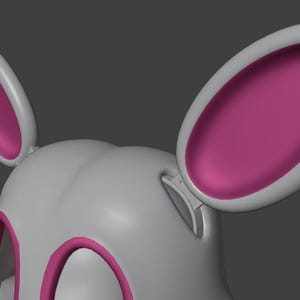 May include: A close-up of a white, stylized bunny head with large, upright ears. The inner ears are a vibrant pink, contrasting with the white exterior. The design features smooth, rounded shapes and a clean, modern aesthetic.