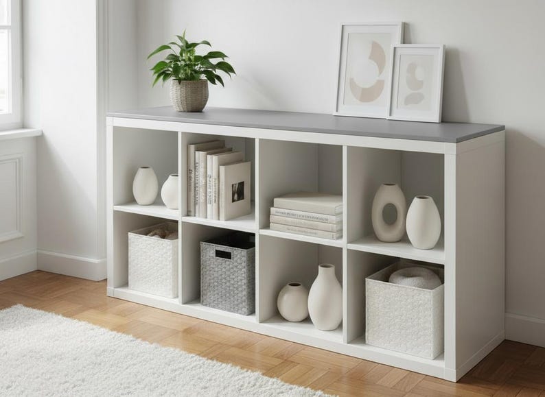 May include: A white cube storage unit with a gray top, featuring eight open compartments. The shelves display books, vases, and decorative baskets. A potted plant and framed art pieces sit on top. The unit is placed on a wooden floor.