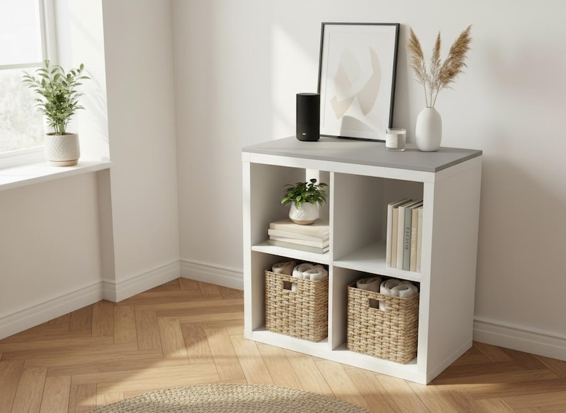 May include: A white cube storage unit with a gray top, holding decorative items. It features woven baskets, books, and plants. A black speaker, framed art, and a vase with dried flowers sit on top. The room has hardwood floors.