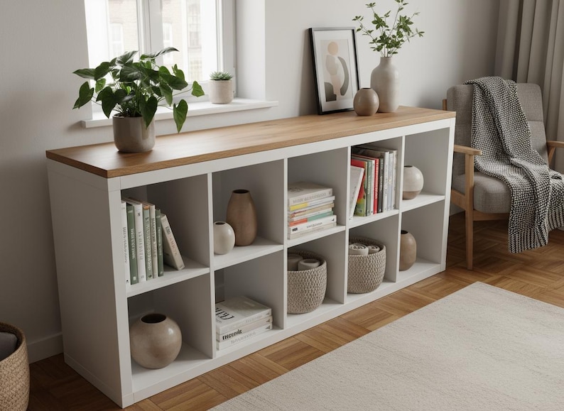 May include: A white storage unit with a light wood top, featuring multiple cubbies filled with books, vases, and decorative baskets. A potted plant and framed artwork sit on top. The unit is placed near a window and a neutral-toned rug.