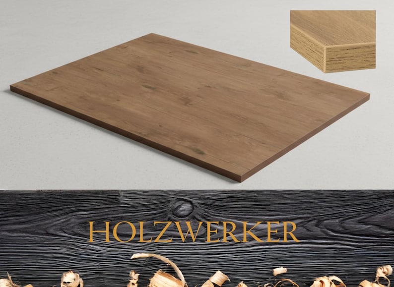 May include: A rectangular wooden tabletop with a brown finish. The wood grain is visible, and the edges are a darker brown. The word "HOLZWERKER" is displayed in gold lettering on a dark wood background.